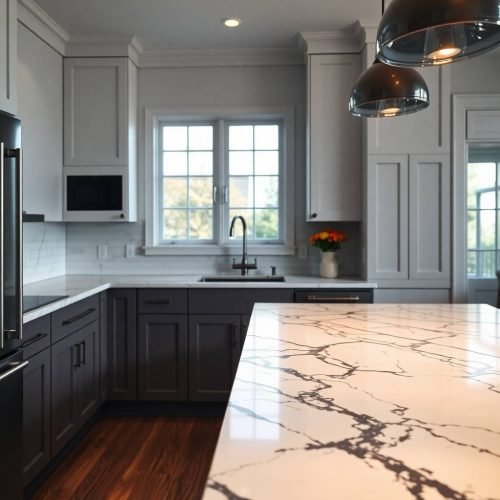 Dark Kitchen Cabinets & Marble Countertops